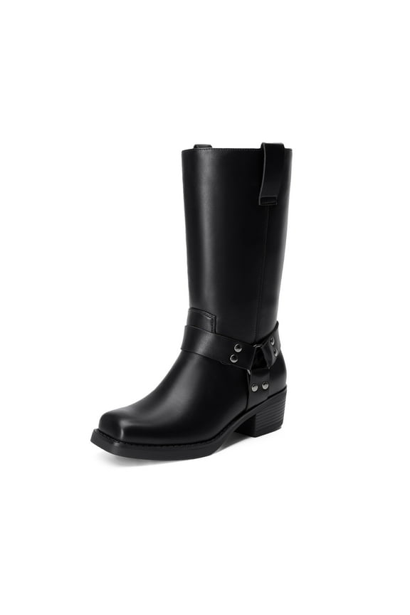 Women's Knee High Black Harness Boots Western Style Riding Boots with Block Heel and Pull Tabs