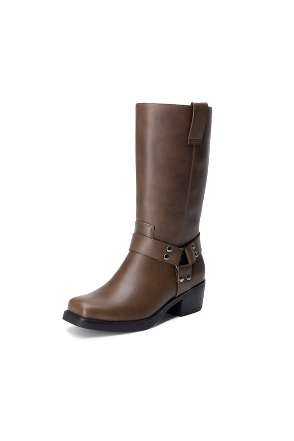 Women's Knee High Black Harness Boots Western Style Riding Boots with Block Heel and Pull Tabs