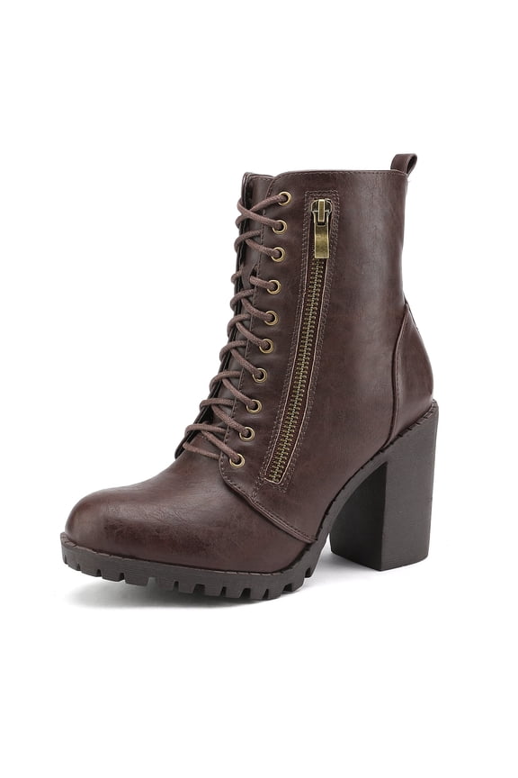 Women's Fashion Round Toe Heel Ankle Boots Stacked Zipper Work Ankle Boots SILVERADO BROWN Size 9