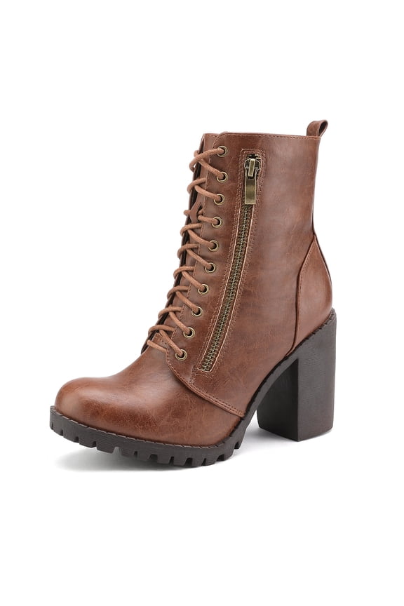 Women's Fashion Round Toe Heel Ankle Boots Stacked Zipper Work Ankle Boots SILVERADO TAN Size 6.5