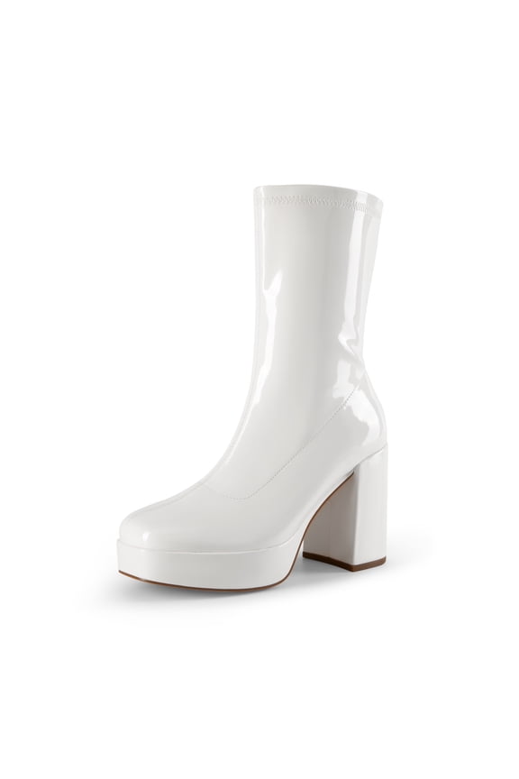 Women's High Chunky Block Heel Mid Calf Boots Platform Square Toe Gogo Ankle Style