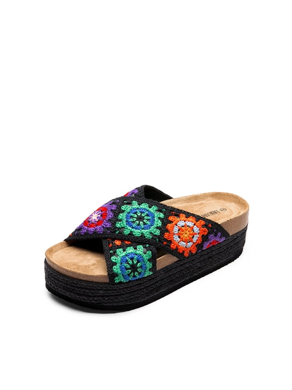 Women’s Knitted Crisscross Flatform Sandals – Boho Chic Platform Slides with Raffia Trim