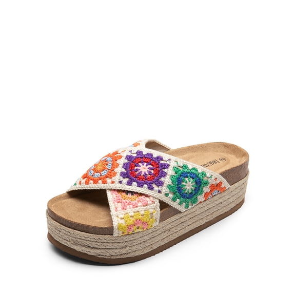 Dream Pairs Women’s Knitted Crisscross Flatform Sandals – Boho Chic Platform Slides with Raffia Trim