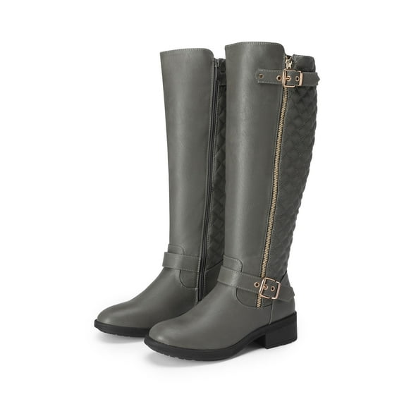 Dream Pairs Women's Low Block Heel Knee High Boots Round Toe Side Zipper Biker Motorcycle Buckle Riding Boots