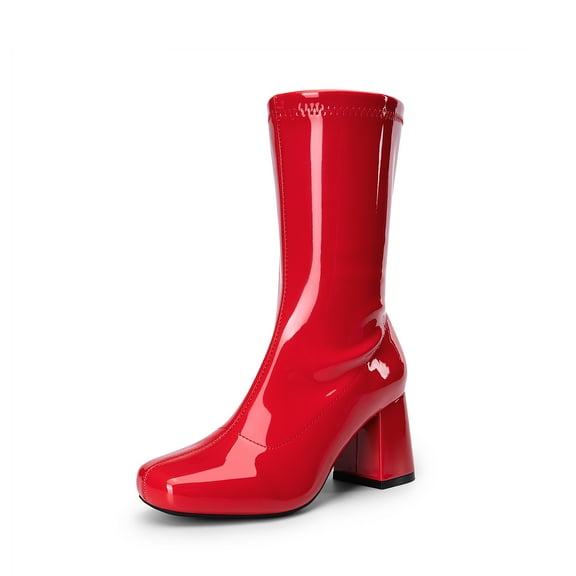 Dream Pairs Women's Low Block Heel Mid Calf Gogo Boots Square Toe with Zipper for Party Cosplay and Dance