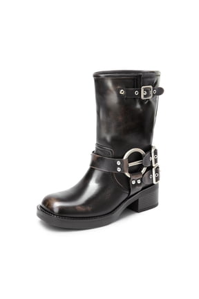 Women's Mid-Calf Motorcycle Boots, Square Toe Biker Riding Boots with Buckle Straps and Low Chunky Heel