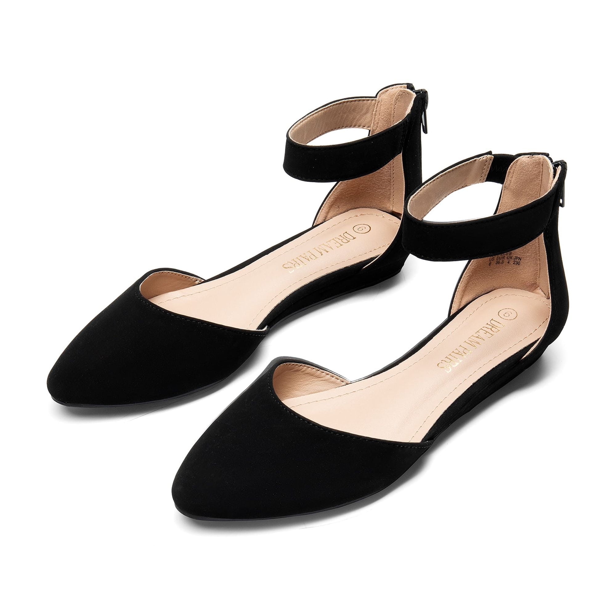 BURUDANI Women Flats Shoes Low Wedge Sandals Ankle Strap Pointed Toe BLACK NUBUCK Size 12