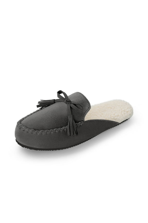 Women's Memory Foam Moccasin Cozy House Slippers with Fuzzy and Warm Sherpa Fleece Lining, Suede Ladies Slip-on Slippers Both for Indoor and Outdoor SDSL223W GREY Size 5