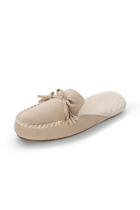 Women's Memory Foam Moccasin Cozy House Slippers with Fuzzy and Warm Sherpa Fleece Lining, Suede Ladies Slip-on Slippers Both for Indoor and Outdoor SDSL223W SAND Size 8