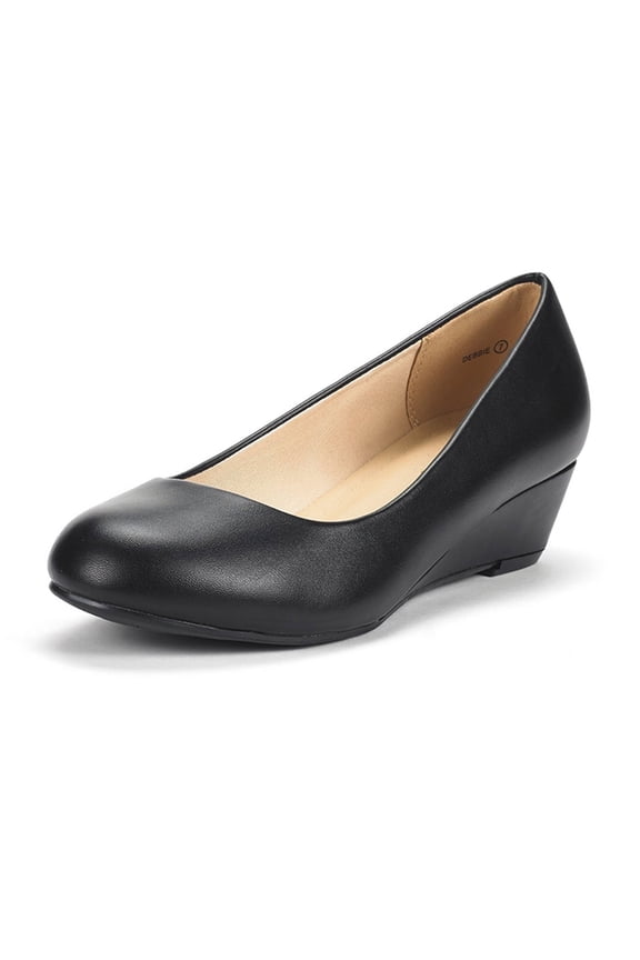 Women's Mid Wedge Heel Pump Shoes Debbie color BLACK/PU size 8.5 Wide Available