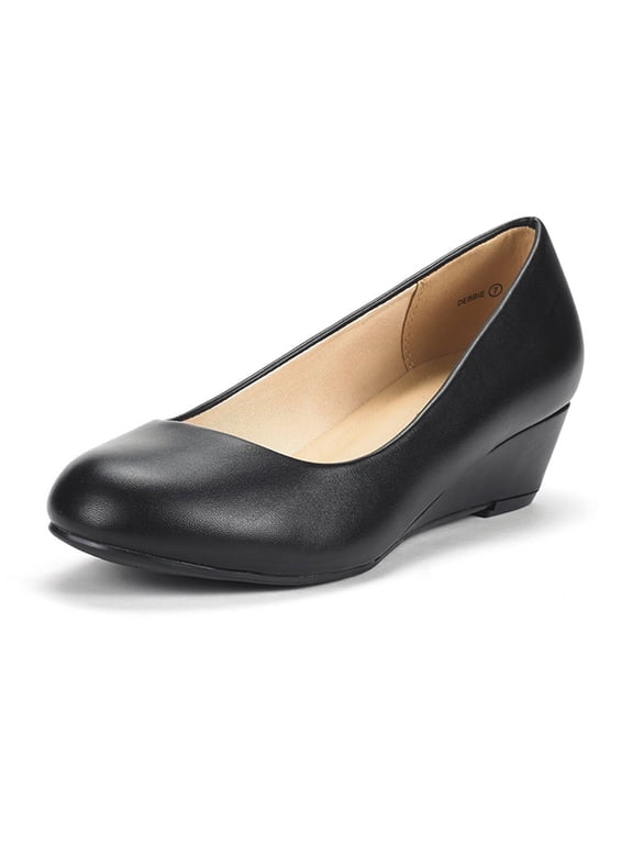 Women's Mid Wedge Heel Pump Shoes Debbie color BLACK/PU size 9 Wide Available