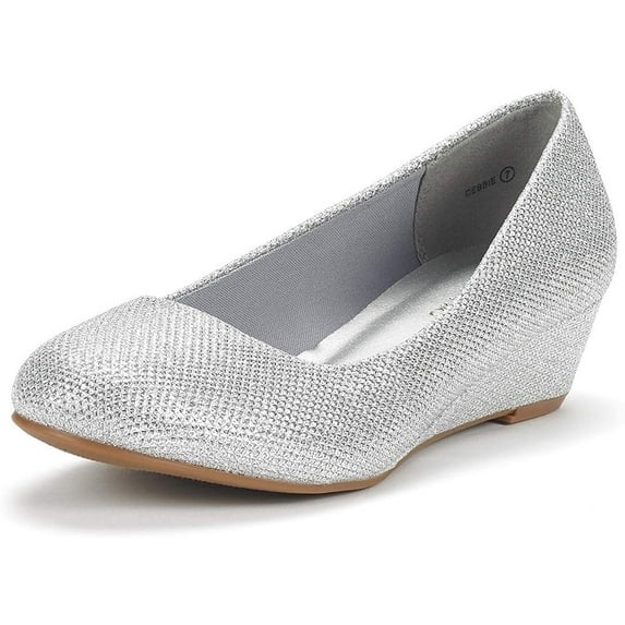 Dream Pairs Women's Mid Wedge Heel Pump Shoes Debbie color SILVER/GLITTER size 6.5 Wide Available