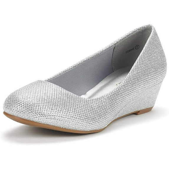 Dream Pairs Women's Mid Wedge Heel Pump Shoes Debbie color SILVER/GLITTER size 9 Wide Available