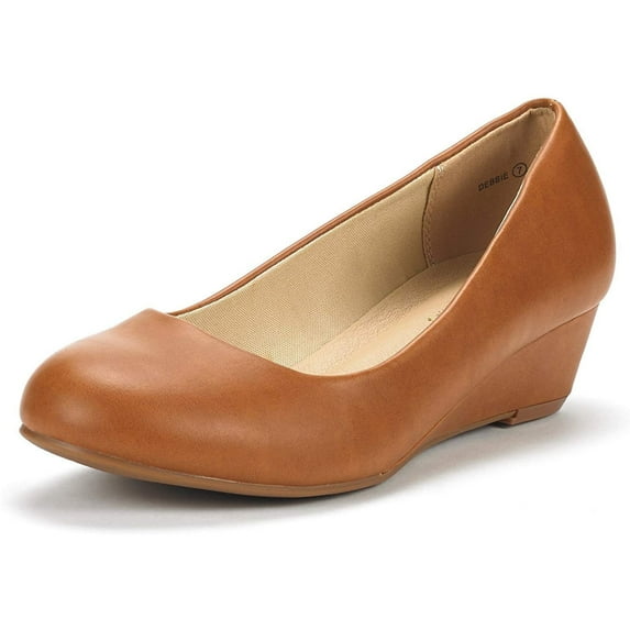 Dream Pairs Women's Mid Wedge Heel Pump Shoes Debbie color TAN/PU size 7 Wide Available