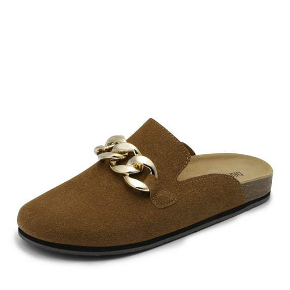 Dream Pairs Women's Mules Soft Footbed Clog Comfortable Flats Cork Clog Shoes Round Toe Chain Mules Slip on Sandals Slides Shoes SDML2207W CHESNUT Size 7