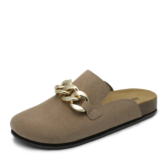 Dream Pairs Women's Mules Soft Footbed Clog Comfortable Flats Cork Clog Shoes Round Toe Chain Mules Slip on Sandals Slides Shoes SDML2207W CAMEL Size 6.5