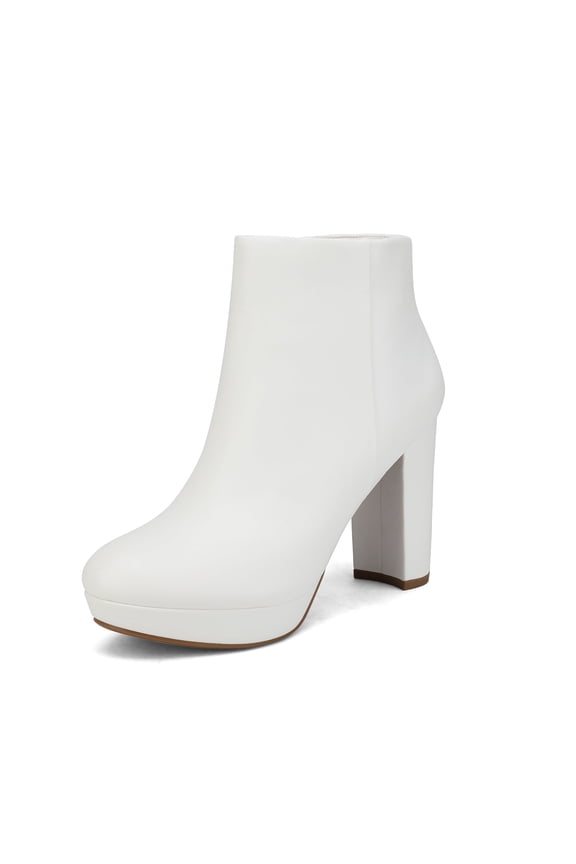 Women's New Slip On Ankle Boots Chunky High Heel Side Zipper Boots STOMP WHITE/PU Size 7.5