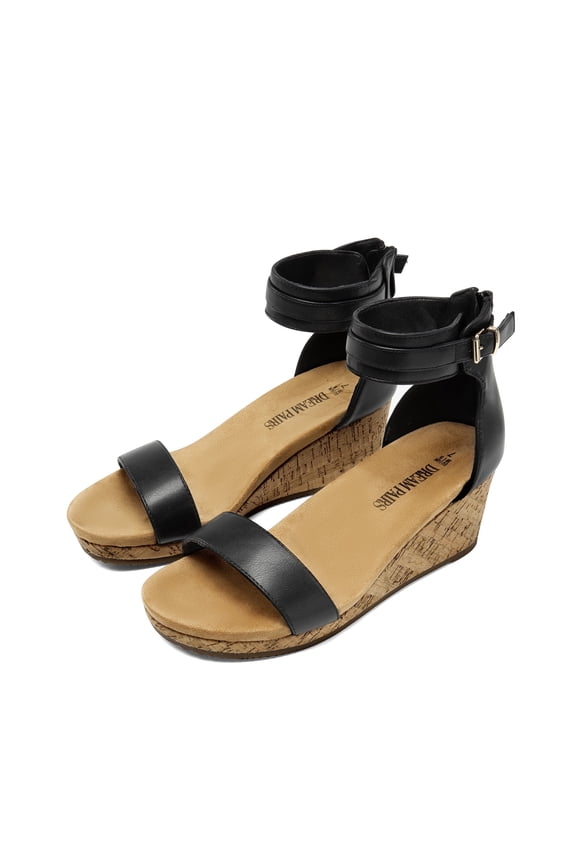 Women's Open Toe Buckle Ankle Strap Platform Wedge Sandals BLACK/PU Size 7