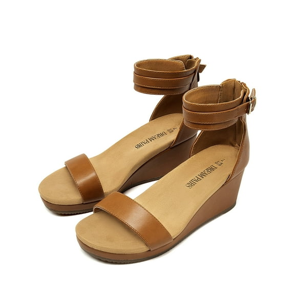 Dream Pairs Women's Open Toe Buckle Ankle Strap Platform Wedge Sandals CAMEL/PU Size 7.5