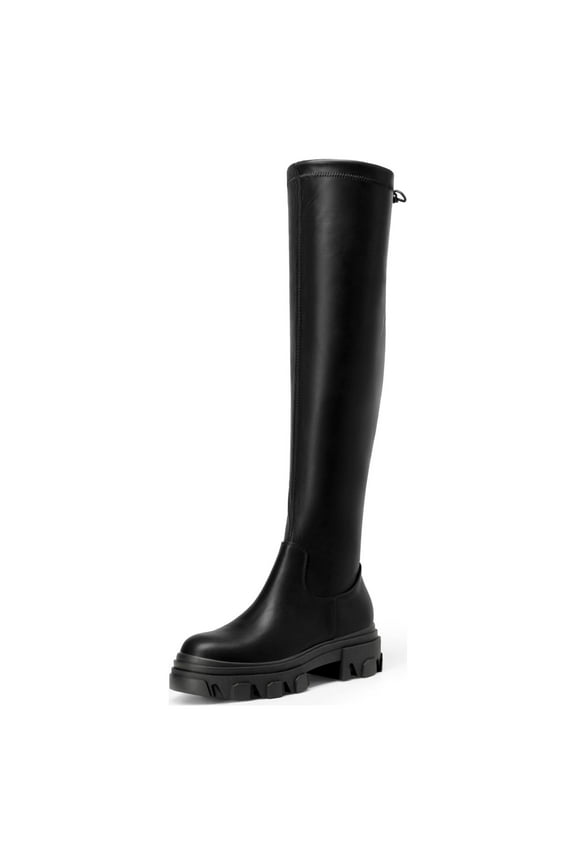 Women's Over The Knee Patform Thigh High Boots Long Stretch Soft Chunky Lug Sole Fall Boots SDOB222W BLACK/PU Size 8.5