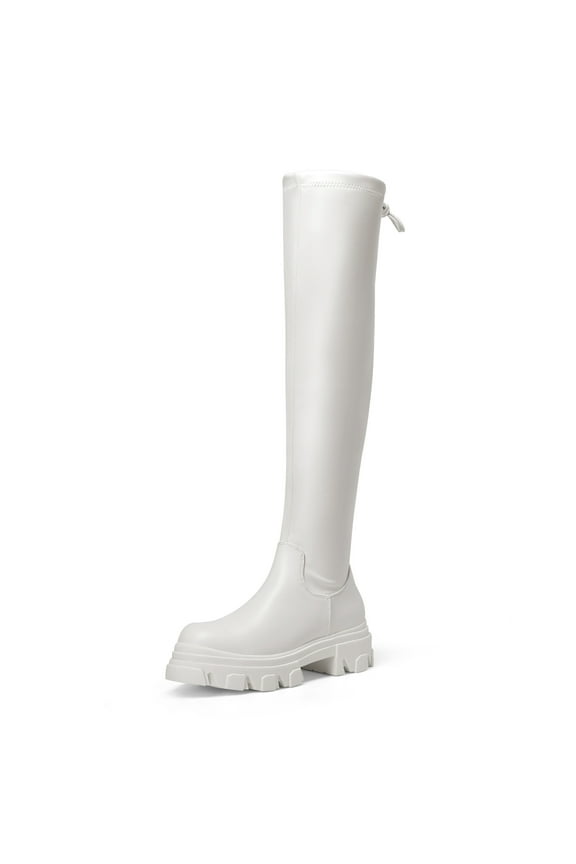 Women's Over The Knee Patform Thigh High Boots Long Stretch Soft Chunky Lug Sole Fall Boots SDOB222W WHITE/PU Size 8