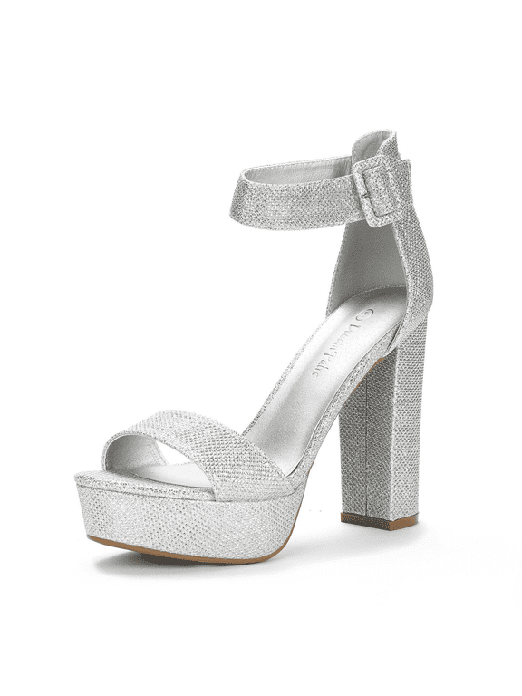 Women's Party Dress Shoes Ankle Strap Wedding High Chunky Platform Heel Sandals SILVER/GLITTER Size 11