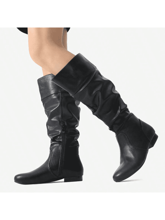 Women's Platform Knee High Boots Fashion Suede/Pu Flat Pull On Fall Weather Slouchy Knee High Boots Blvd Black/Pu Size 10