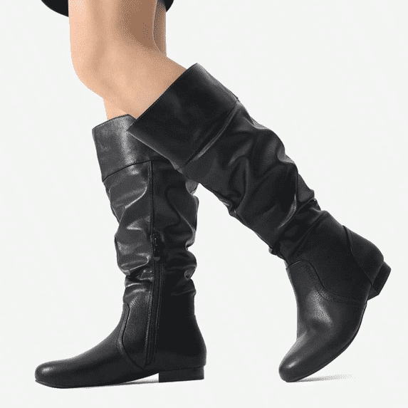 BURUDANI Women's Platform Knee High Boots Fashion Suede/Pu Flat Pull On Fall Weather Slouchy Knee High Boots Blvd Black/Pu Size 7