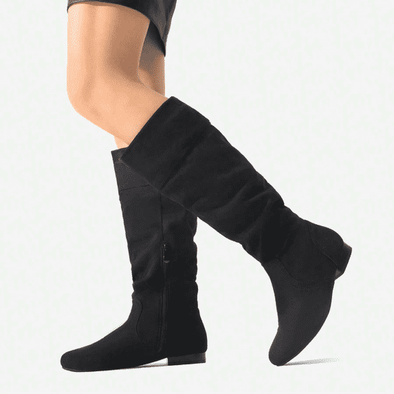 BURUDANI Women's Platform Knee High Boots Fashion Suede/Pu Flat Pull On Fall Weather Slouchy Knee High Boots Blvd Black Size 7