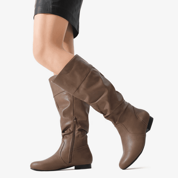BURUDANI Women's Platform Knee High Boots Fashion Suede/Pu Flat Pull On Fall Weather Slouchy Knee High Boots Blvd Camel Size 6