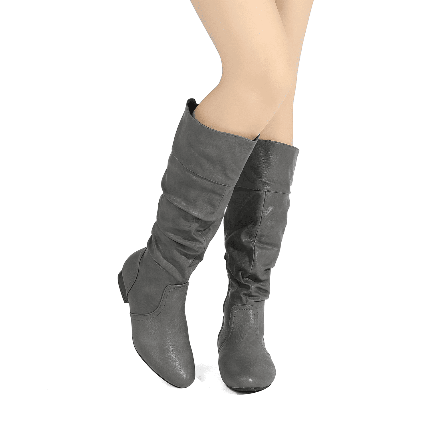 RF Room Of Fashion Women's Knee High Boots - Stacked Heel, Slouchy Style, Hidden Pocket, White PU