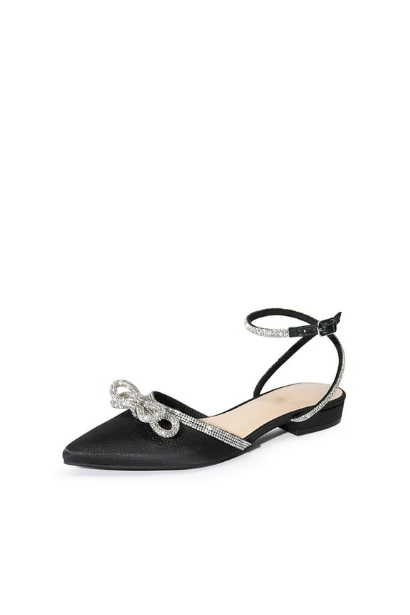 Women’s Pointed-Toe Flats – Rhinestone Bow Dress Shoes with Ankle Strap