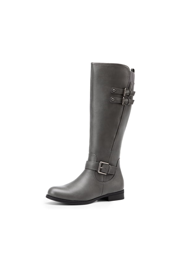 Women's Riding Pirate & Motorcycle Buckle Knee High Boots: Comfortable Low Chunky Heel Flat Design