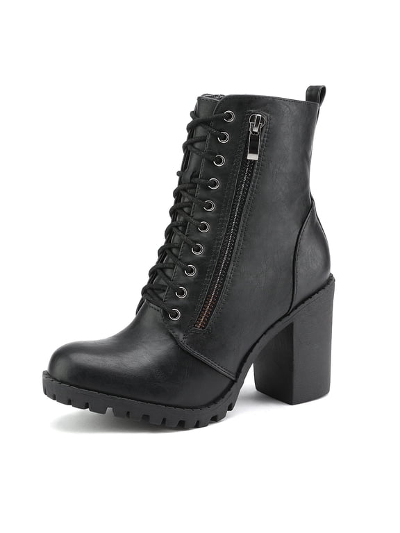 Women's Silverado Chunky Heel Ankle Boots Lace Up Combat Booties with Side Zipper