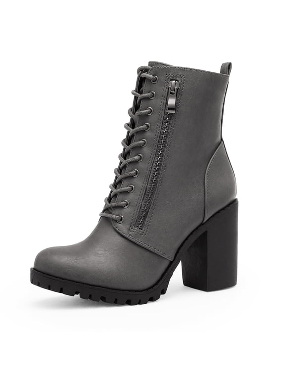 Women's Silverado Chunky Heel Ankle Boots Lace Up Combat Booties with Side Zipper