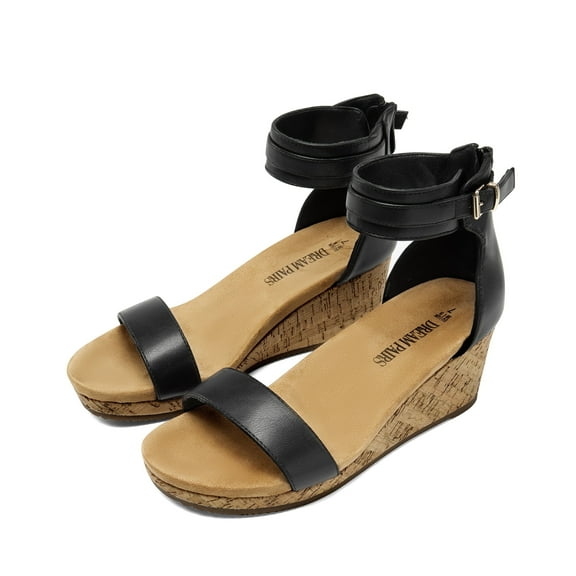 Dream Pairs Women's Sandals Black Pu Platform Wedge Sandals Flat Platform Shoes Summer Comfort Size 6 B(M) US