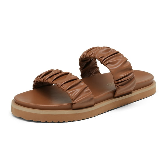 Dream Pairs Women's Summer Slide Sandals Slip on Open Toe Cute Two Straps Flat Sandals SDSS2211W TAN Size 9