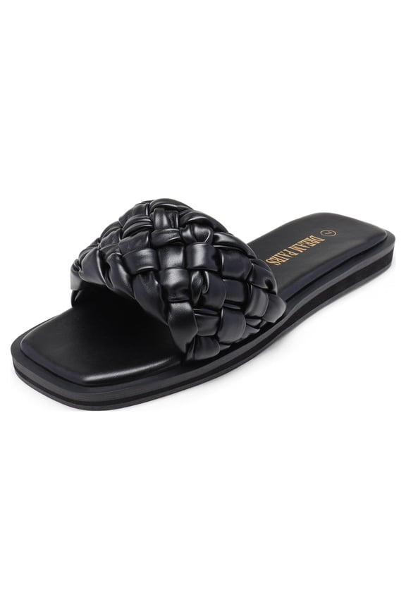 Women's Summer Square Open Toe Slide Sandals Cute Slip on Braided Strap Rhinestone Flat Sandals SDSS2212W BLACK/WEAVE Size 10