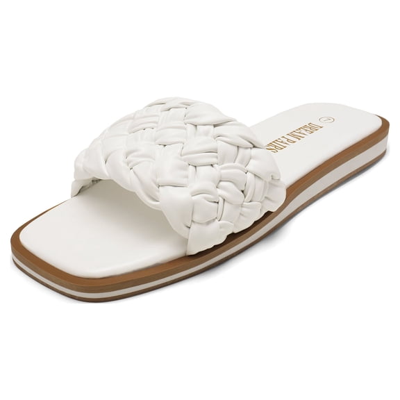 Dream Pairs Women's Summer Square Open Toe Slide Sandals Cute Slip on Braided Strap Rhinestone Flat Sandals SDSS2212W WHITE/WEAVE Size 6.5