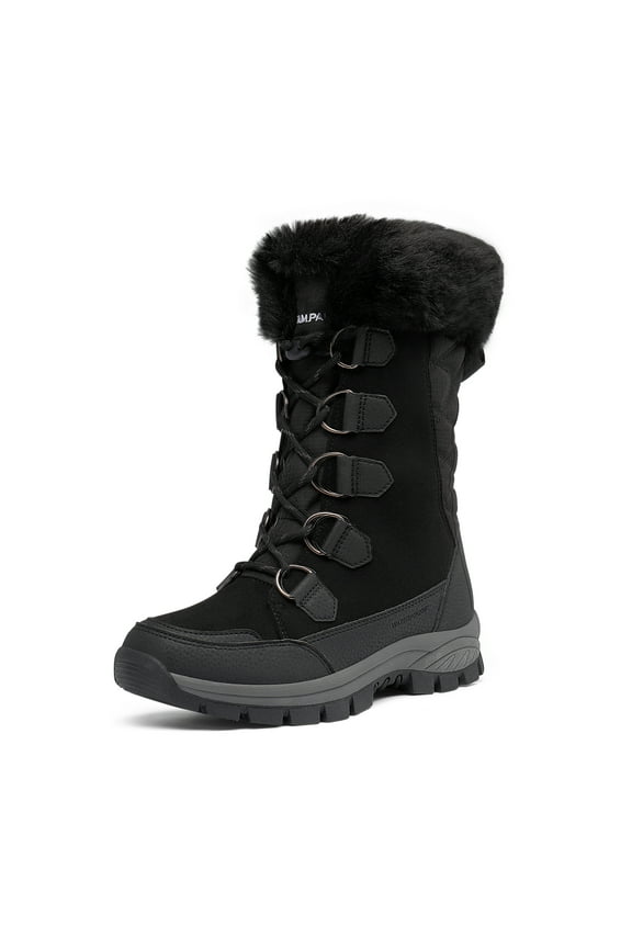 Women's Mid-Calf Winter Snow Boots, Waterproof Warm Faux Fur Lined Lace-Up Non-Slip Outdoor Booties