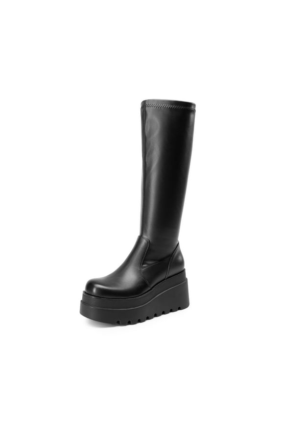 Women's Wedge Platform Chunky Heel Knee High Boots: Round Toe, Side Zipper Fashion Long Tall Sock Punk Goth Style