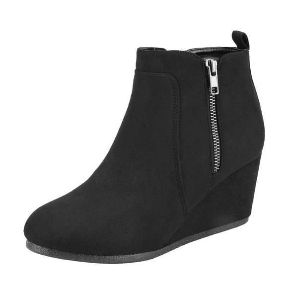 BURUDANI Women's Winter Warm Booties Low Wedge Ankle Boots Round Toe Suede Zip Boots Double Black/Suede Size 8.5