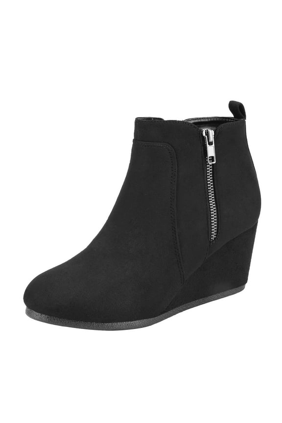 Women's Winter Warm Booties Low Wedge Ankle Boots Round Toe Suede Zip Boots Double Black/Suede Size 9