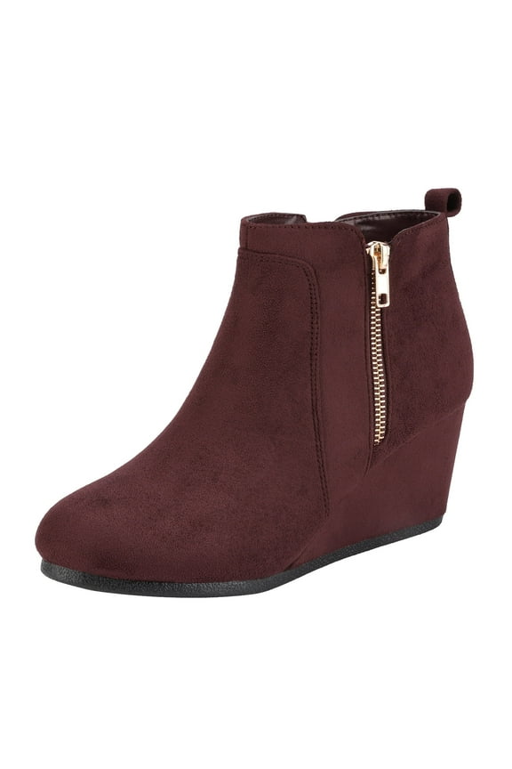 Women's Winter Warm Booties Low Wedge Ankle Boots Round Toe Suede Zip Boots Double Burgundy/Suede Size 5