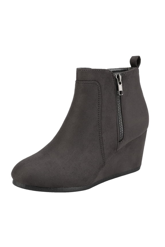 Women's Winter Warm Booties Low Wedge Ankle Boots Round Toe Suede Zip Boots Double Grey/Suede Size 7