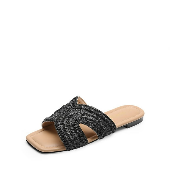 Dream Pairs Women’s Woven Raffia Slide Sandals – Summer Slip-On Flats with Square Toe ﻿
