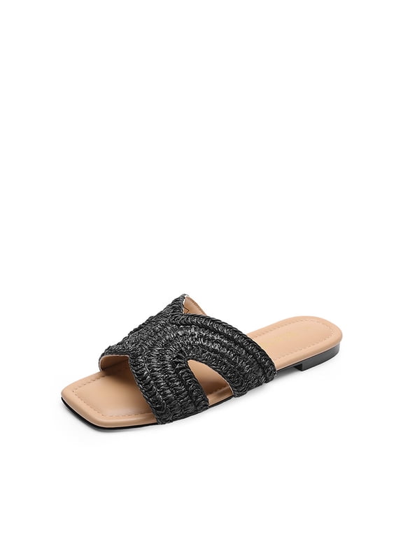 Women’s Woven Raffia Slide Sandals – Summer Slip-On Flats with Square Toe 