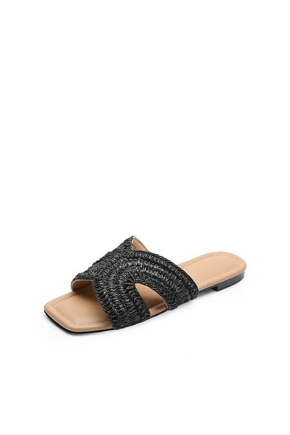 Women’s Woven Raffia Slide Sandals – Summer Slip-On Flats with Square Toe 