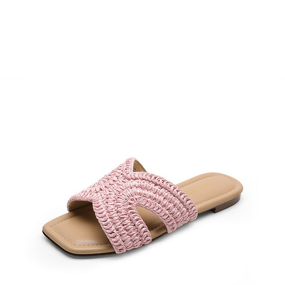 Dream Pairs Women’s Woven Raffia Slide Sandals – Summer Slip-On Flats with Square Toe 