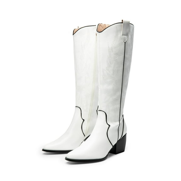 BURUDANI Womens Cowboy Boots Chunky Heel Pointed Toe Embroidered Western Cowgirl Knee High Boots White/Pu Size 7.5